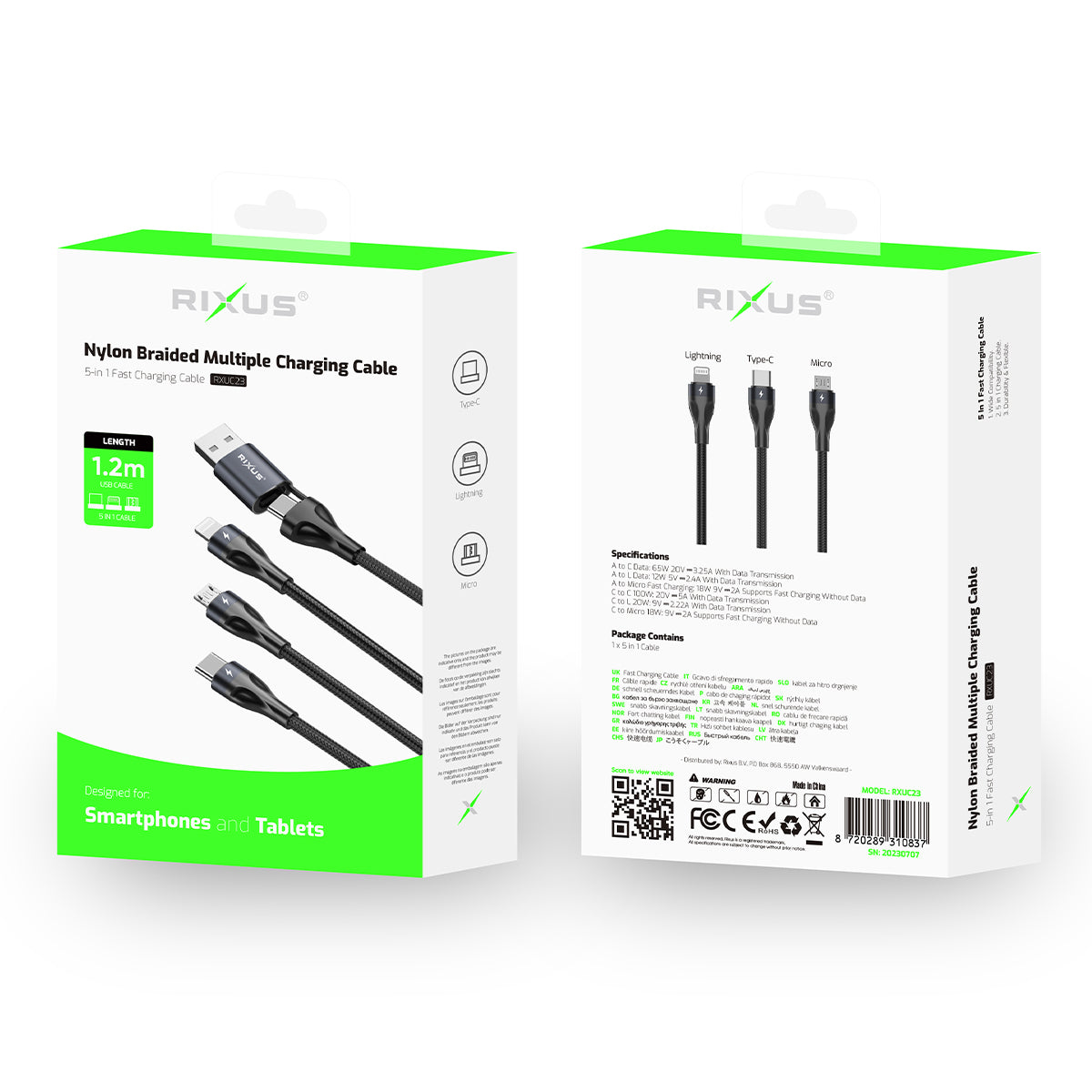 Câble Charge Rapide 3 Connecteurs 120cm Noir