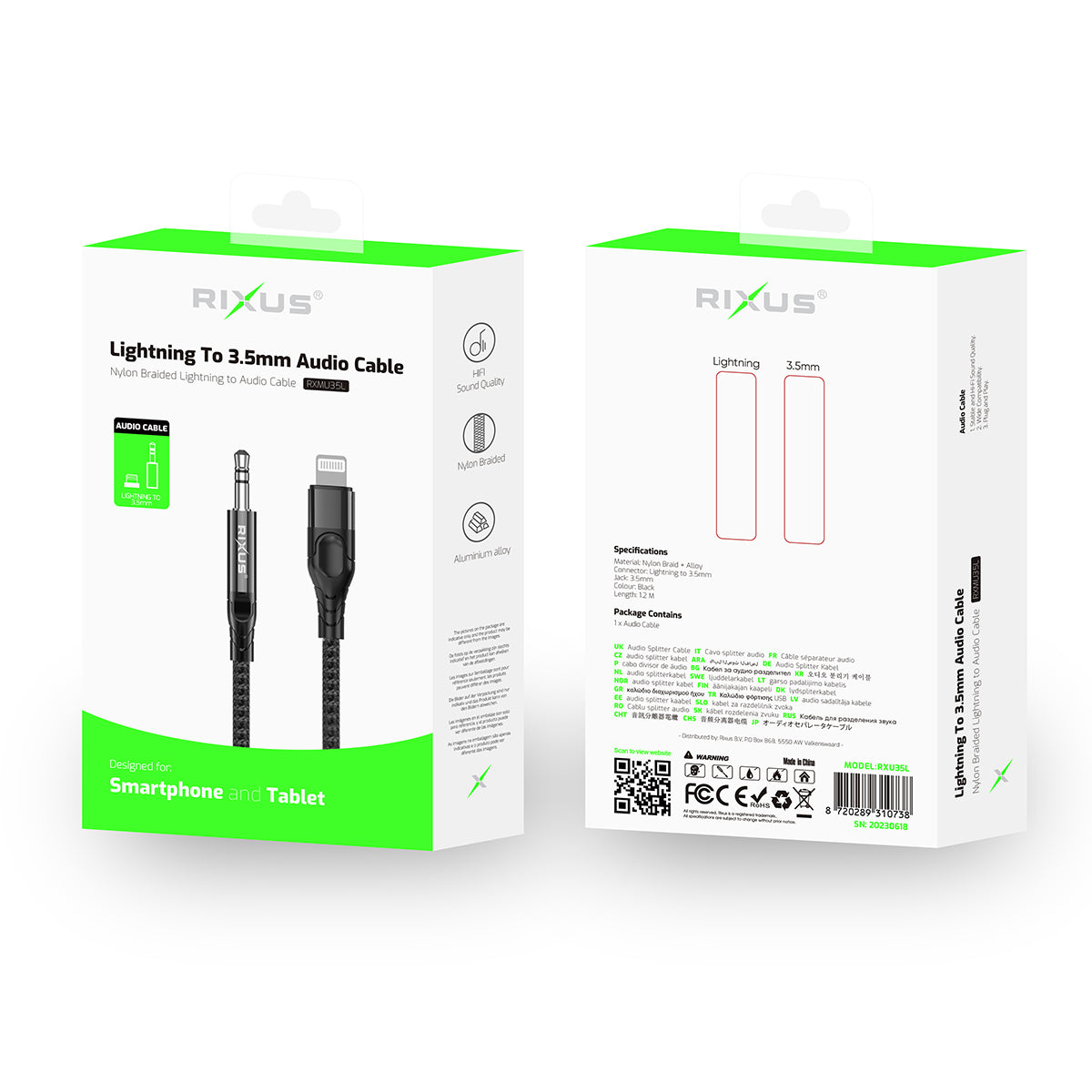 Câble AUX 3.5mm Lightning Tressé 1.2m Noir