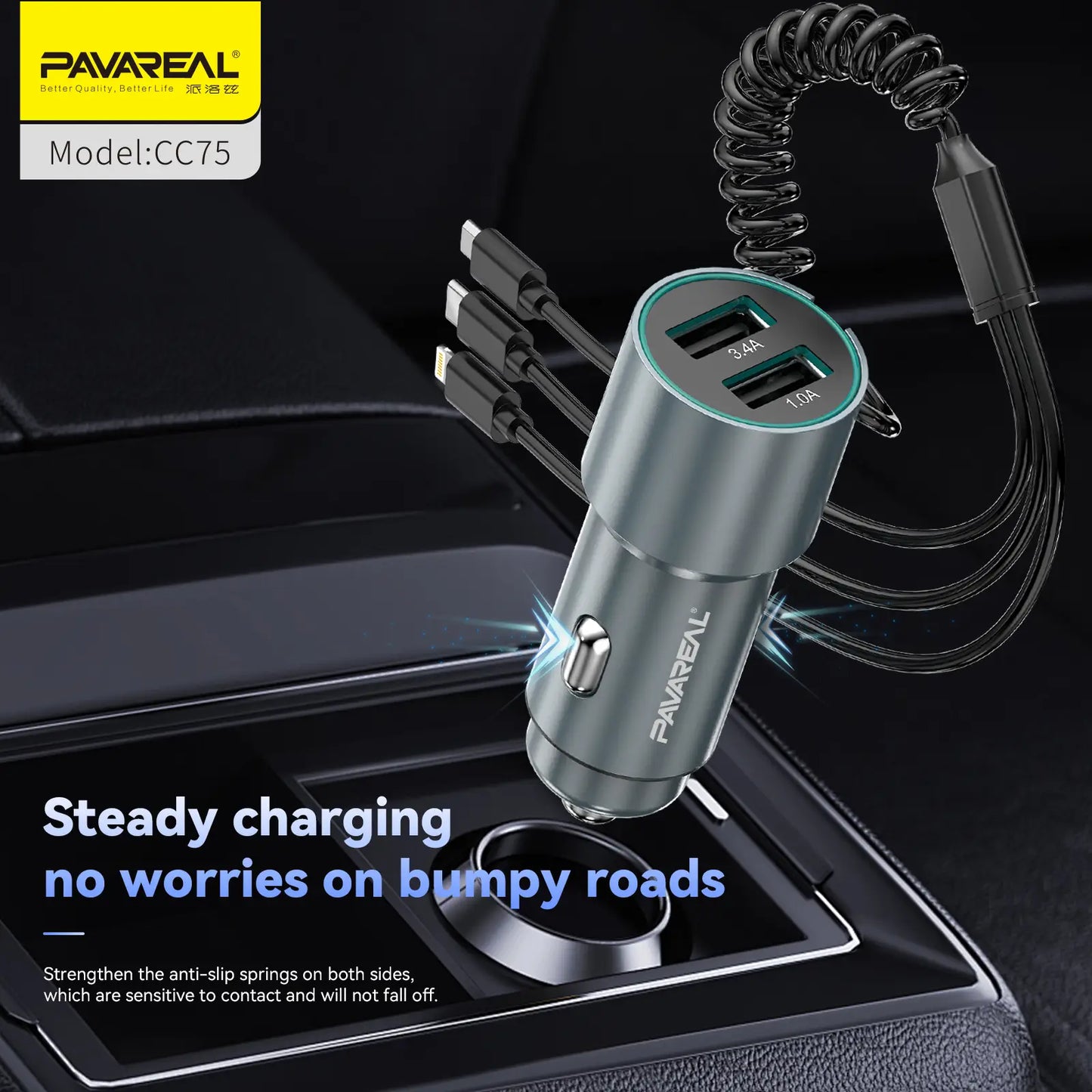 PAVAREAL CC75 branché dans l'allume-cigare d'une voiture
