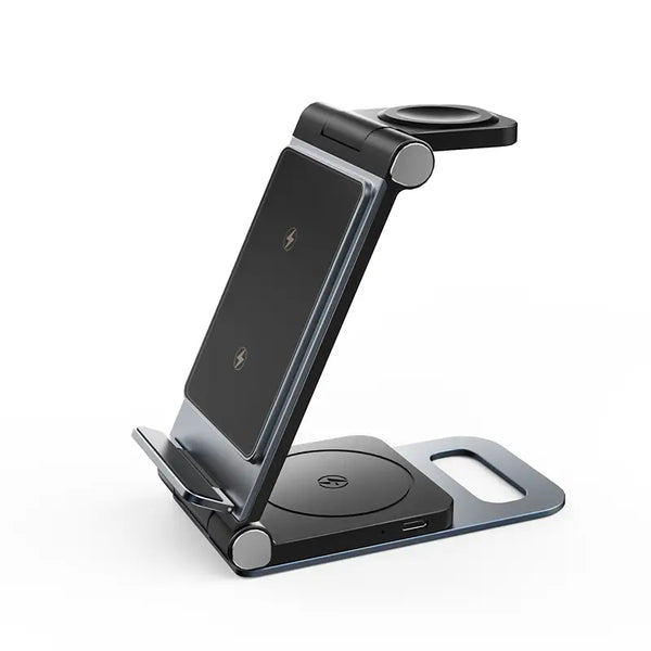 Station de charge sans fil 3-en-1 pliable Rexsun en aluminium noir