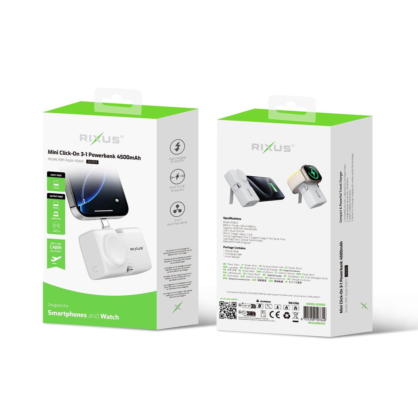 Mini Powerbank Click-On 3-en-1 4500mAh Blanc
