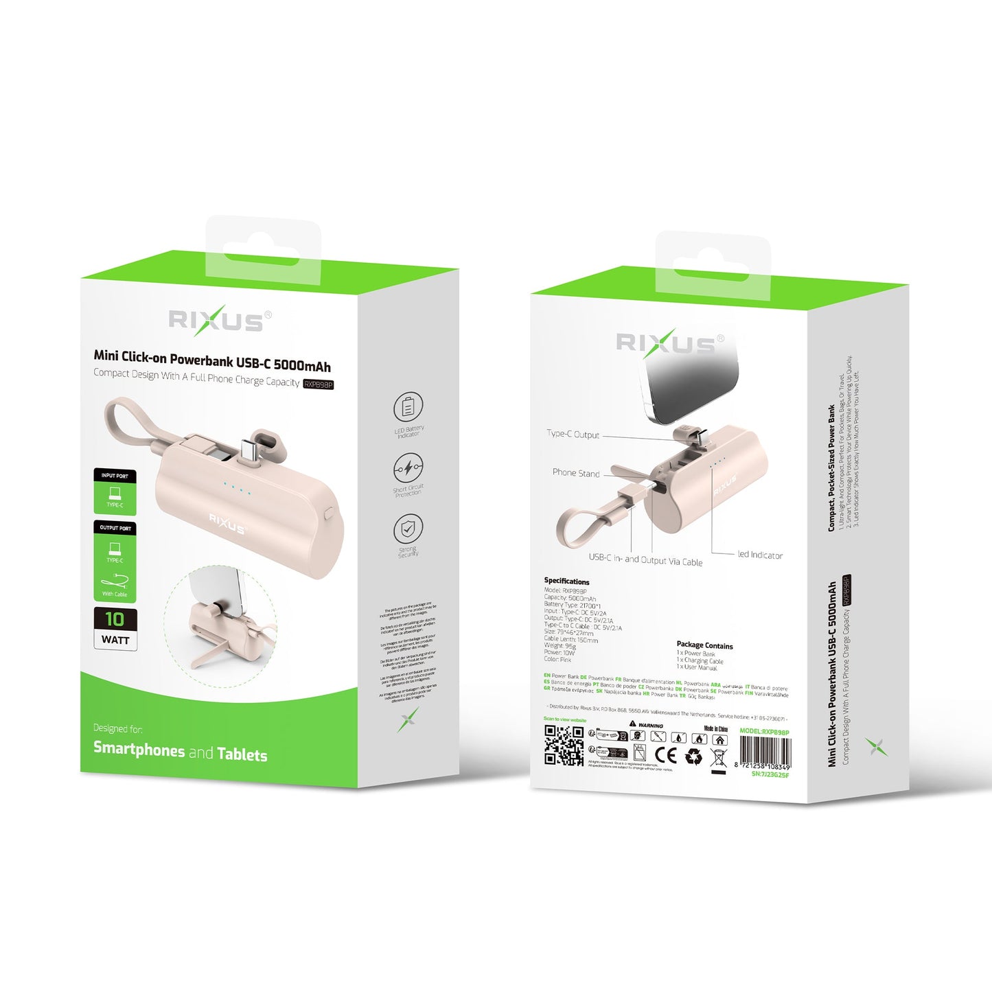 Mini Powerbank Click-On USB-C 5000mAh Rose