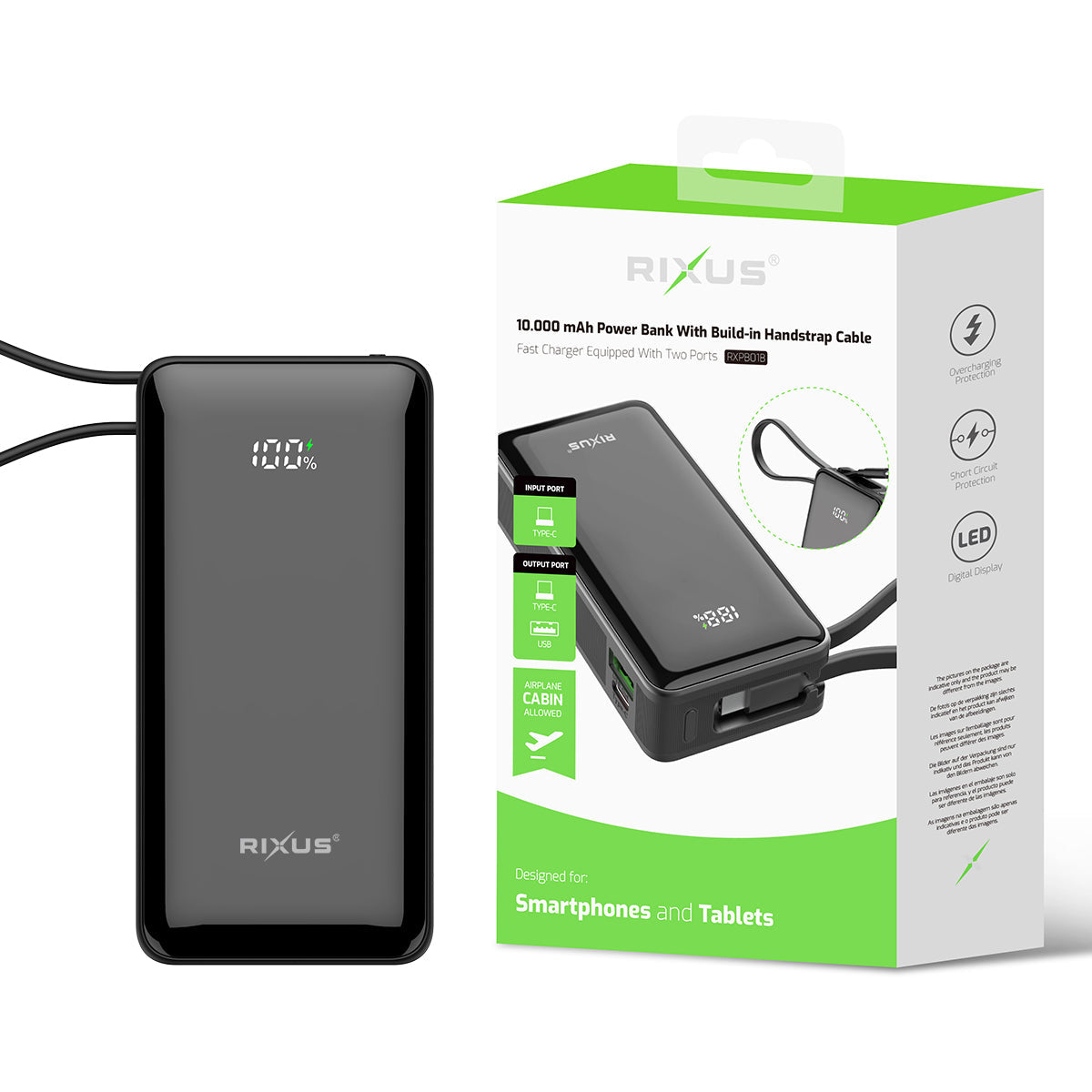 Powerbank 10000mAh Dragonne Câble Intégré Noir