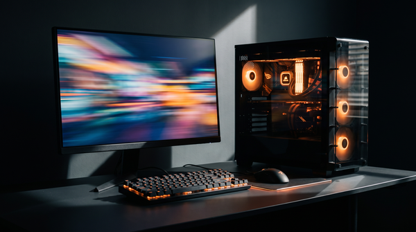 Configuration PC gaming avec éclairage orange, clavier mécanique et écran large