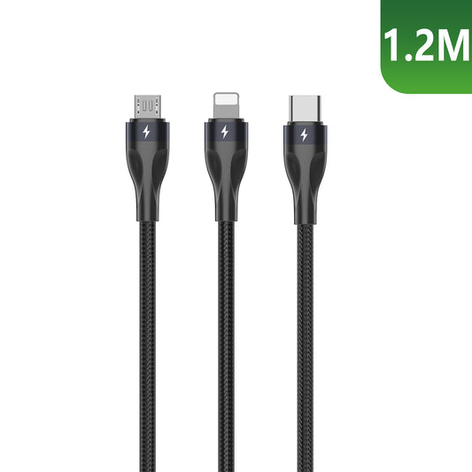 Câble Charge Rapide 3 Connecteurs 120cm Noir