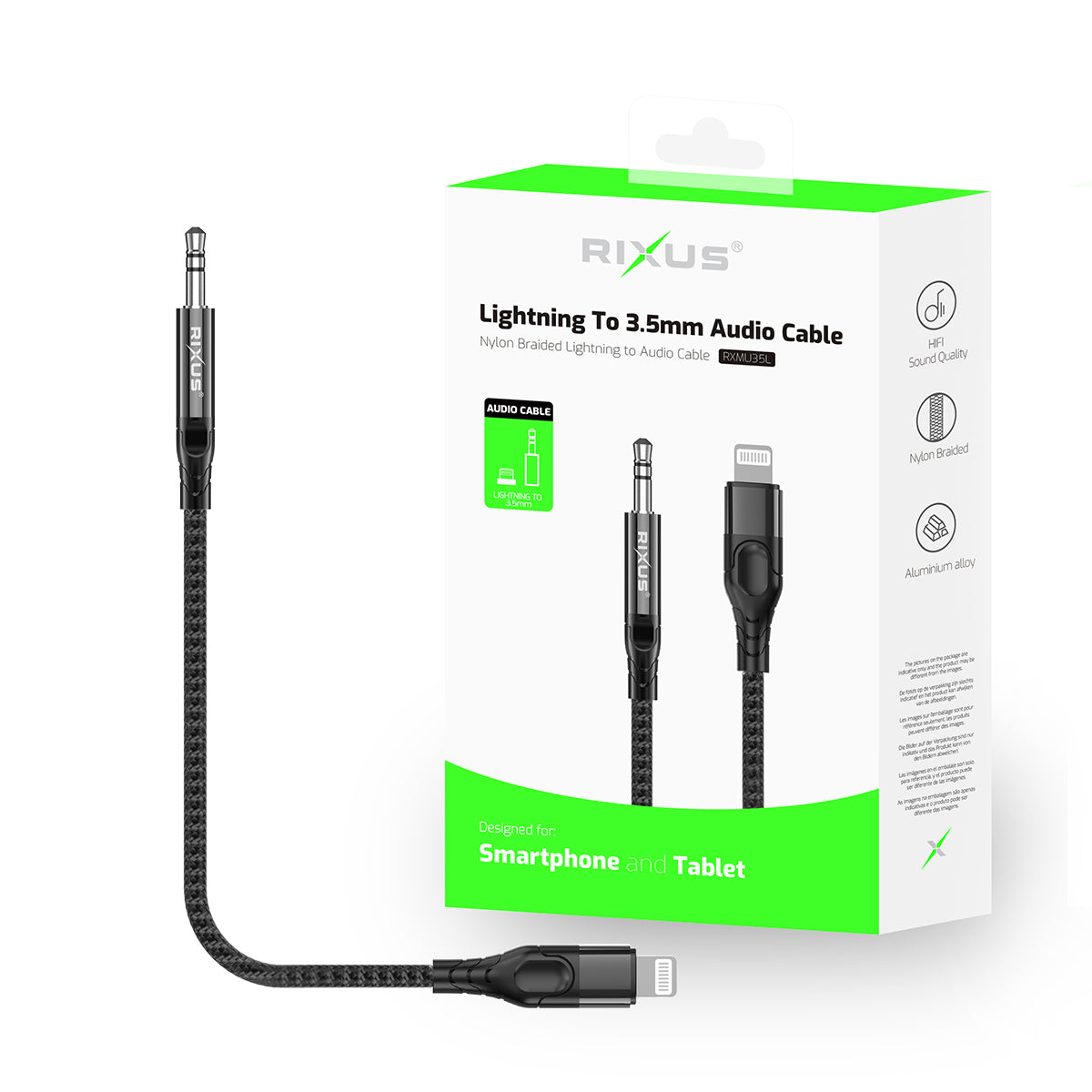 Câble AUX 3.5mm Lightning Tressé 1.2m Noir