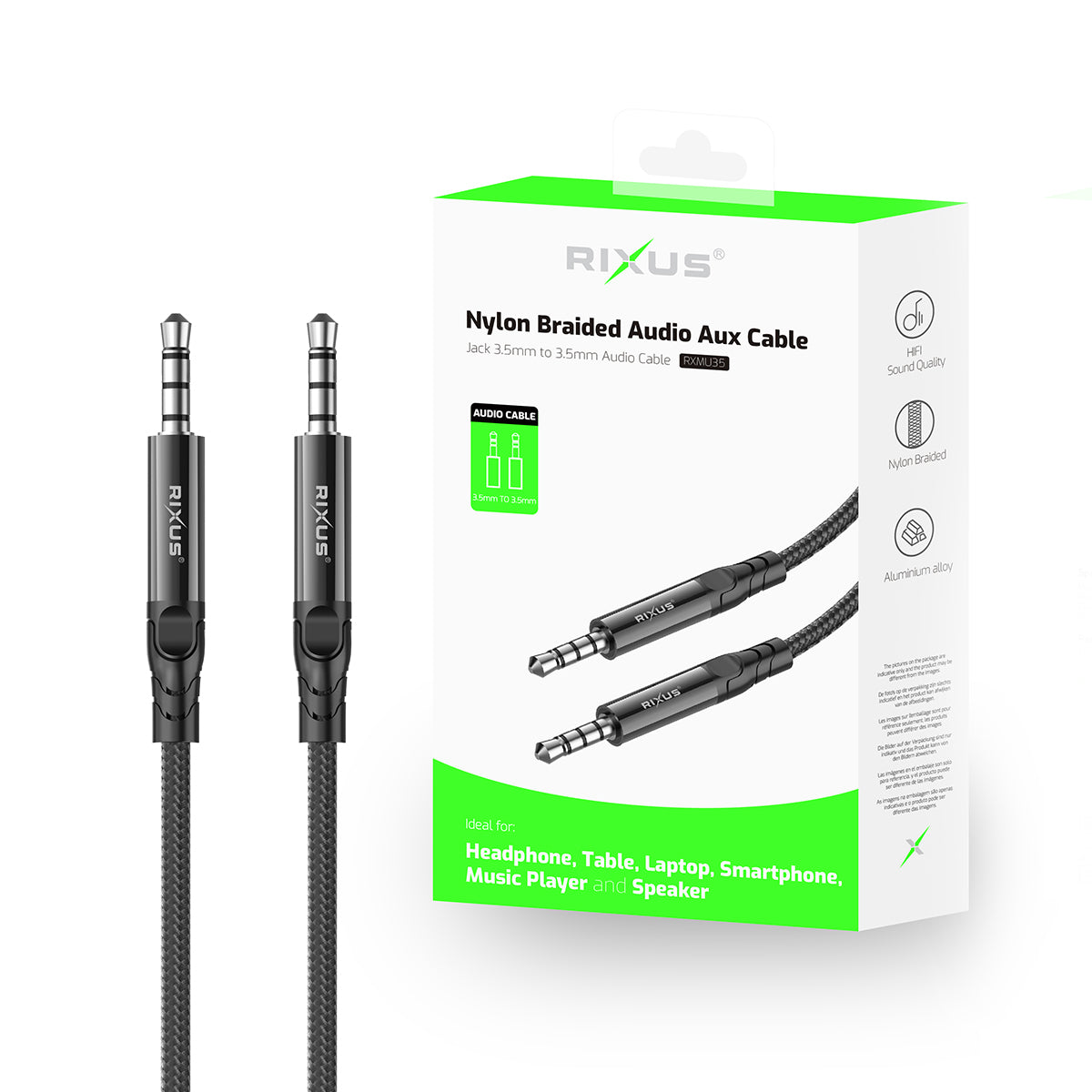 Câble Audio AUX 3.5mm Tressé 1.2m Noir