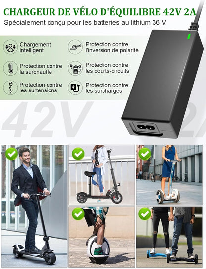 Chargeur Trotinette Electrique, 42V 2A Chargeur Hoverboard 36V Trottinette