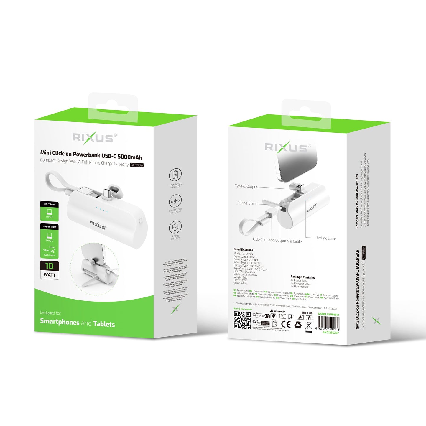 Mini Powerbank Click-On USB-C 5000mAh Blanc