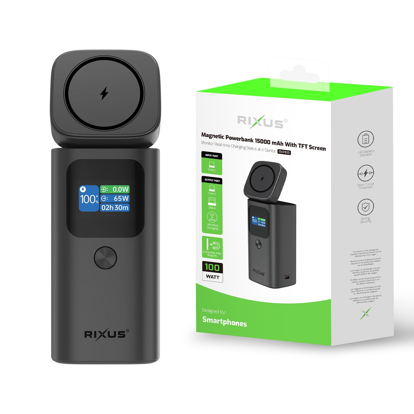 Powerbank Magnétique 15000mAh 100W Écran TFT Gris