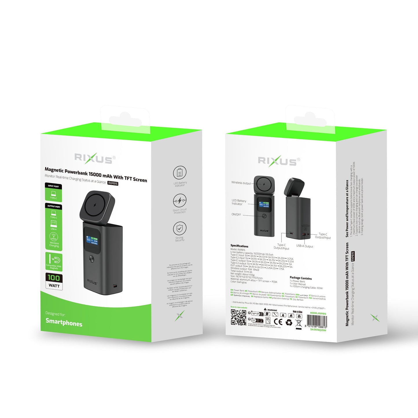 Powerbank Magnétique 15000mAh 100W Écran TFT Gris