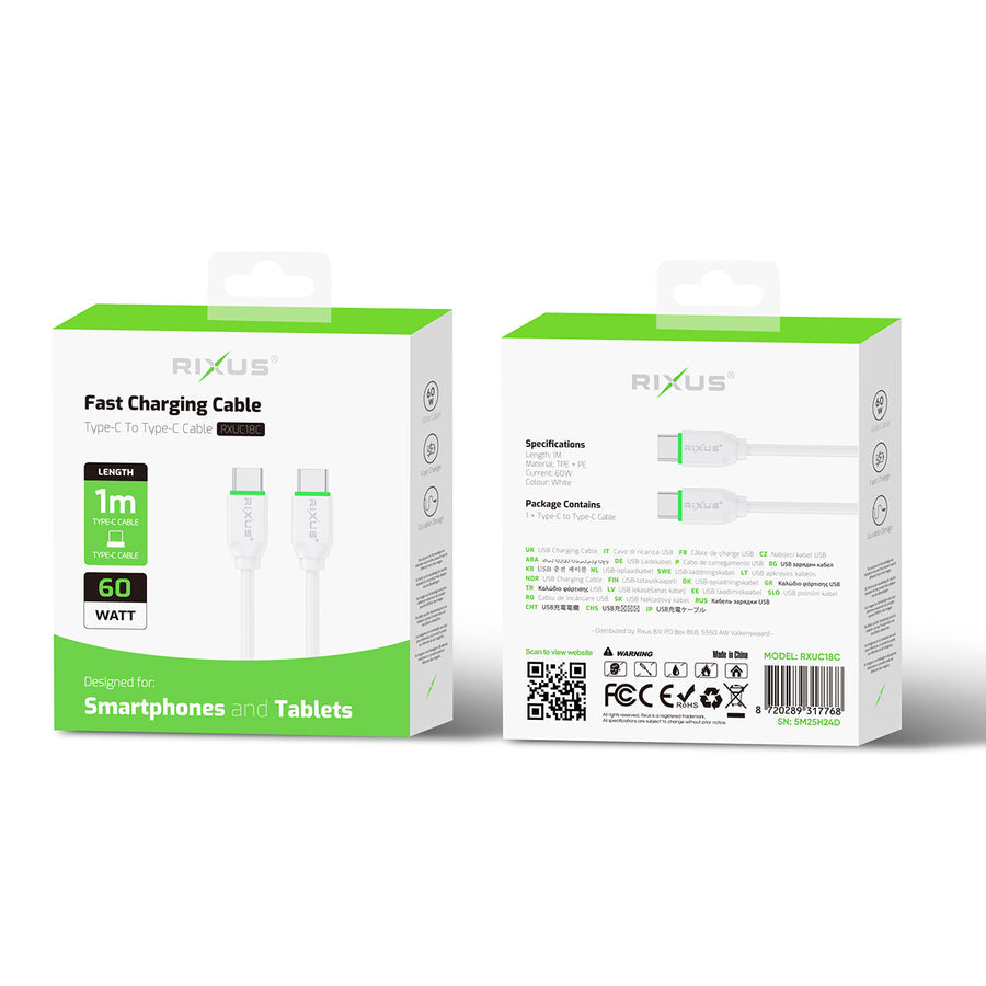 Câble Charge Rapide USB-C vers USB-C – Blanc 60W