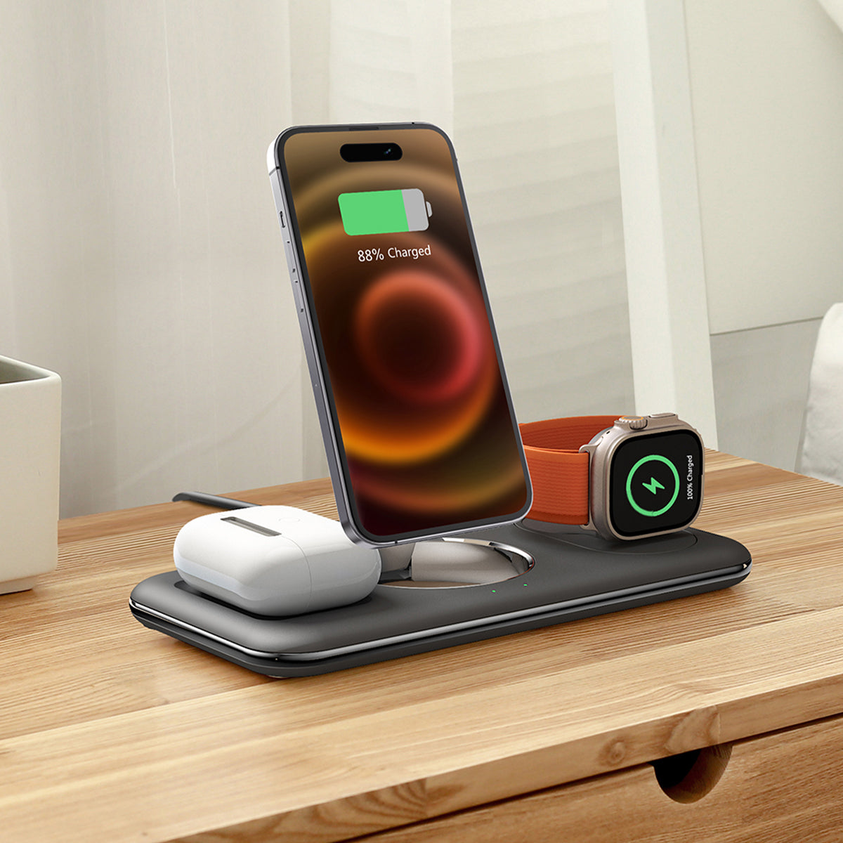 Station Chargeur 3-en-1 Téléphone Montre AirPods Noir
