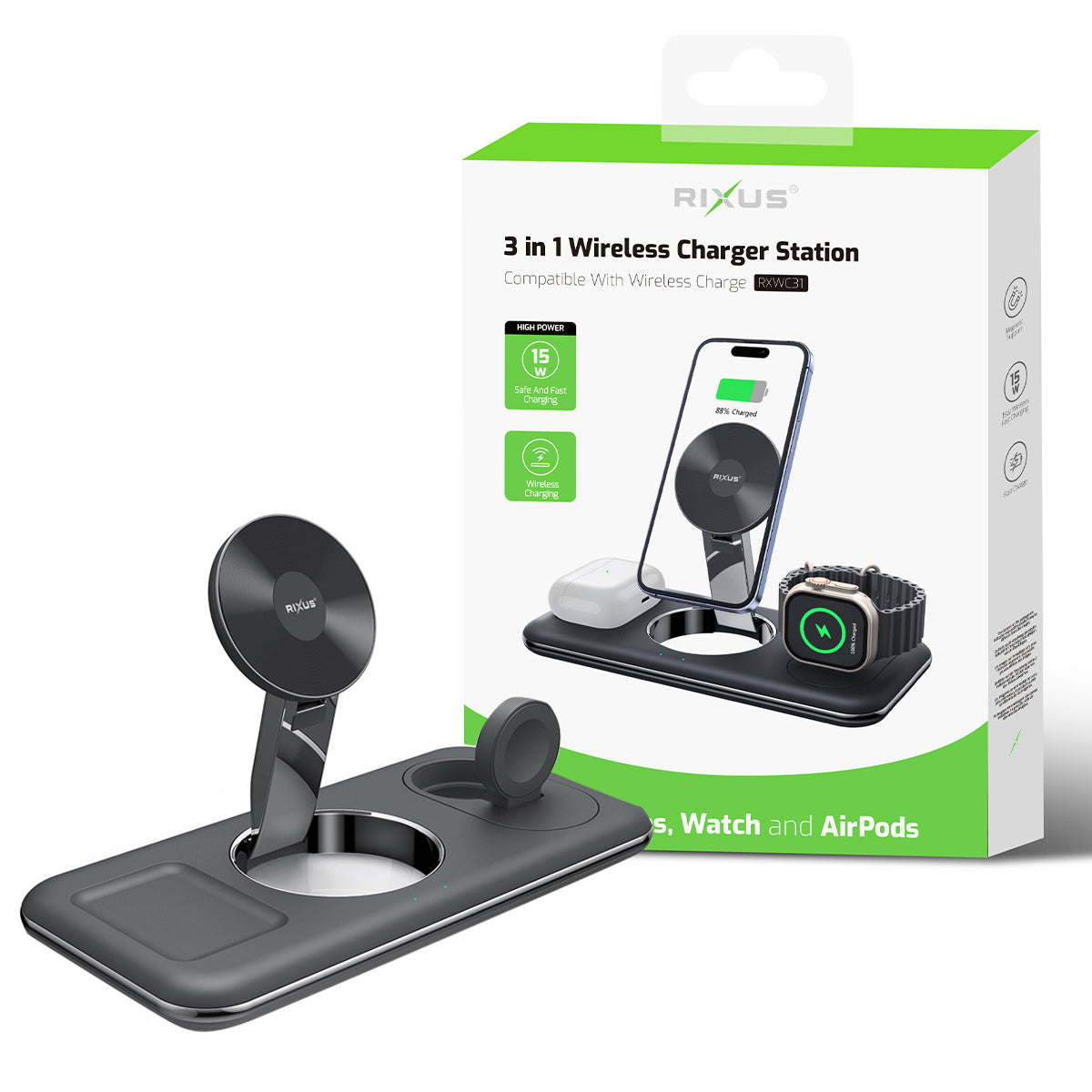 Station Chargeur 3-en-1 Téléphone Montre AirPods Noir