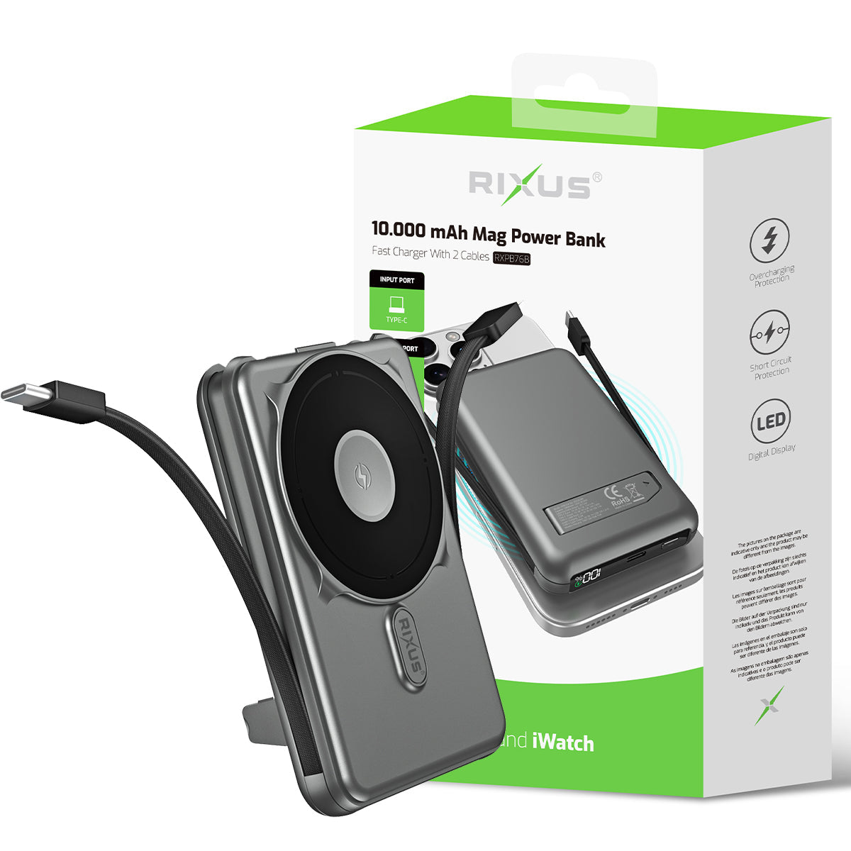 Powerbank MagSafe 10000mAh Câble Intégré Gris