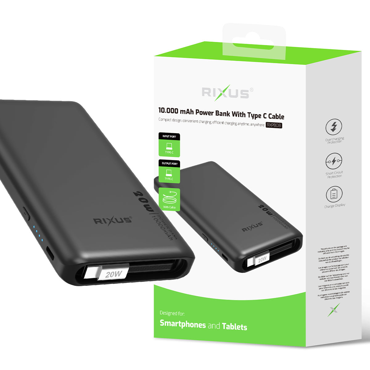 Powerbank 10000mAh 22.5W Câble USB-C 70cm Intégré