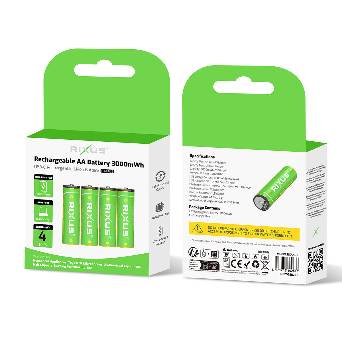 Batteries AA Rechargeables USB-C 3000mWh Pack x4