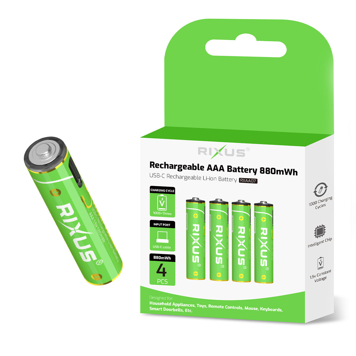 Batteries AAA Rechargeables USB-C 880mWh Pack x4
