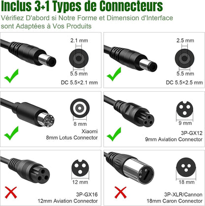 Chargeur Trotinette Electrique, 42V 2A Chargeur Hoverboard 36V Trottinette