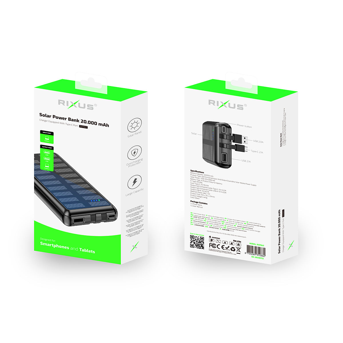 Powerbank Solaire 20000mAh Câbles Intégrés Noir