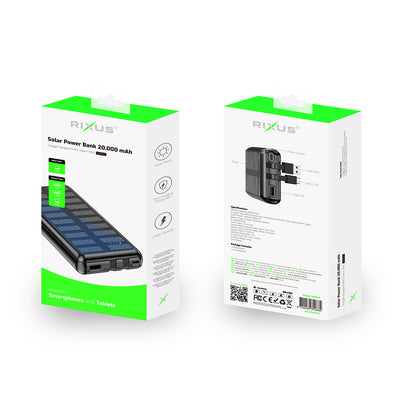 Powerbank Solaire 20000mAh Câbles Intégrés Noir
