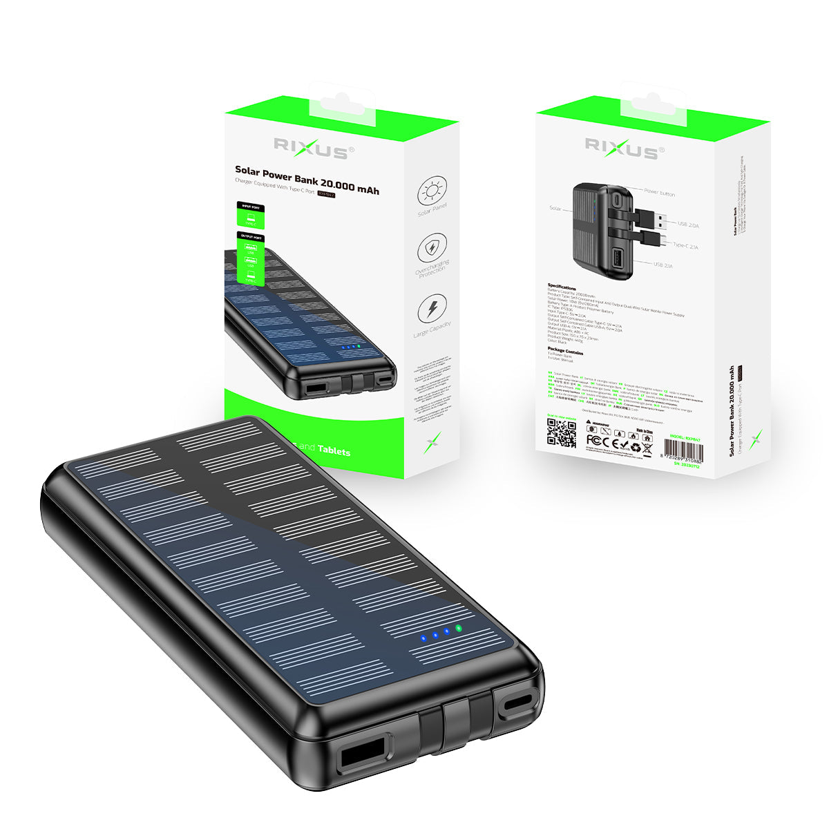Powerbank Solaire 20000mAh Câbles Intégrés Noir