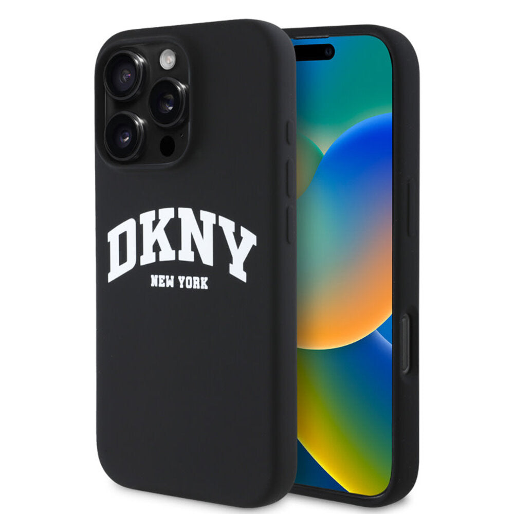 Coque DKNY iPhone 16 Pro Max MagSafe Silicone Liquide Logo Arch Blanc Noir